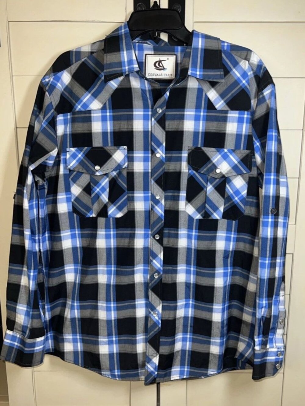 Coevals Club Men's Western Men’s Black/Blue/Gray Plaid Snap Button Up Size M